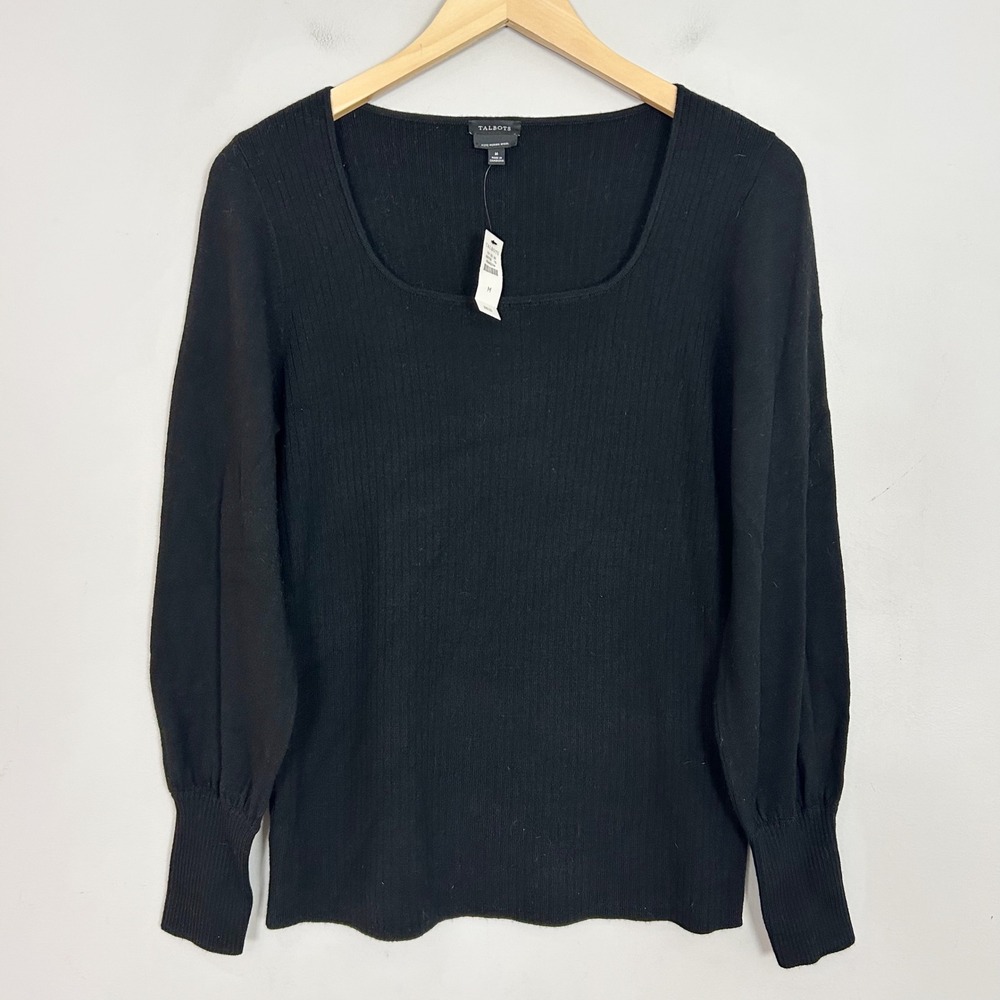 NEW Talbots Black Merino Wool Sweater Ribbed Square Neck Size Medium Womens